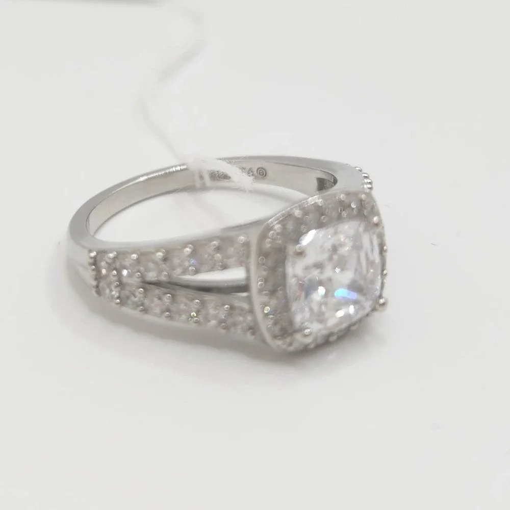 925 Sterling Silver Princess Cut CZ Halo Split Shank Ring Size 8 Art Deco Style